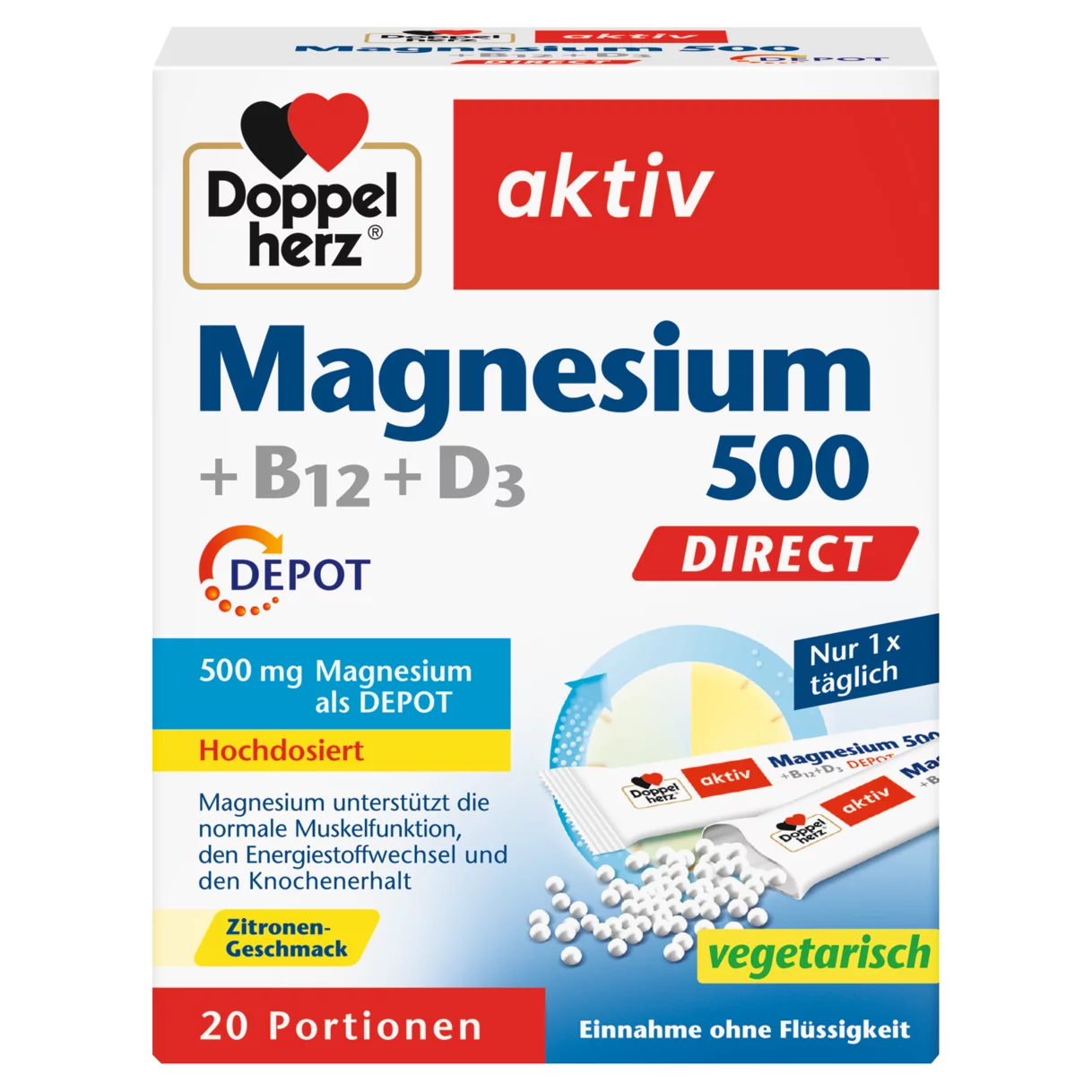 Abbildung der Produktverpackung Doppelherz aktiv Magnesium 500 + B12 + D3 DIRECT DEPOT Frontansicht